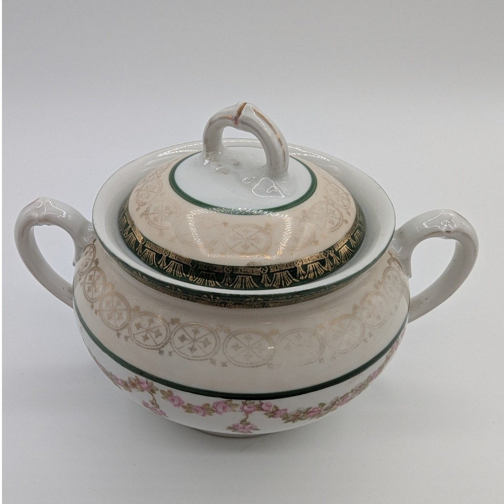 MZ Austria‎ Habsburg Sugar Bowl with Lid Pink Floral Gold Gilt Vintage